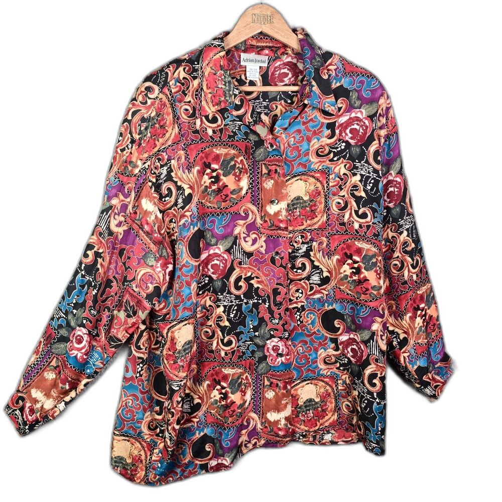 Adrian Jordan Womens Button Up Silk Blouse 26-28 Multicolor Colorful Workwear